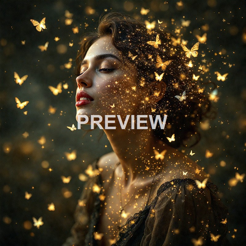 A woman with closed eyes is surrounded by glowing butterflies and sparkles that appear to emanate from her head and body, creating a magical, luminous atmosphere.